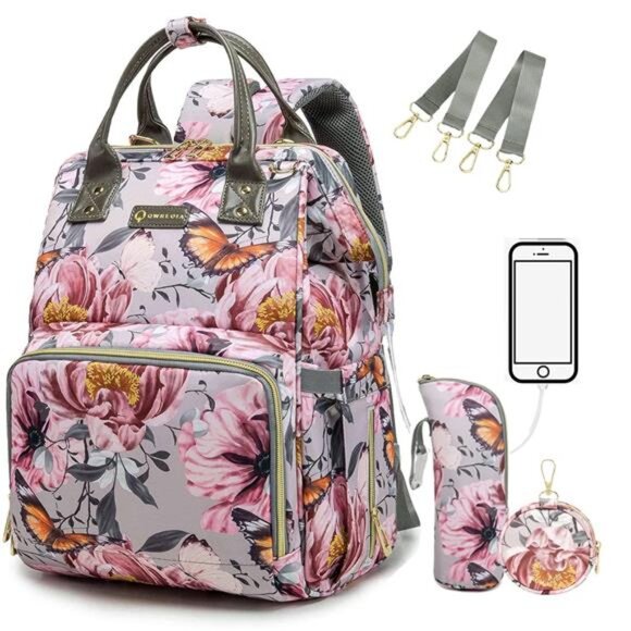 Floral Diaper Bag Backpack with Coin Bag USB Charging Port Stroller Straps - Picture 1 of 7